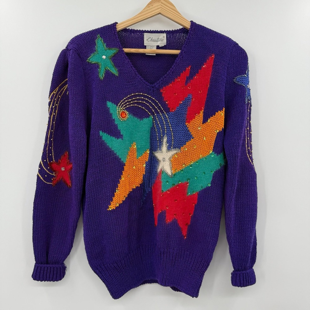 Vintage CHRISTINE‎ Sweater New years Purple Hand Knit Angora Beads Sequins sz M